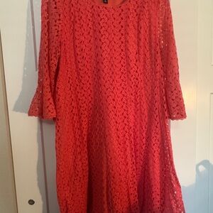 Roz & Ali Vibrant Coral Lace Long Sleeve Dress